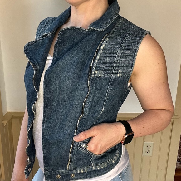 Guess Sleeveless Moto Denim Vest Grunge Biker Y2K Streetwear Distressed S Edgy - Picture 6 of 12
